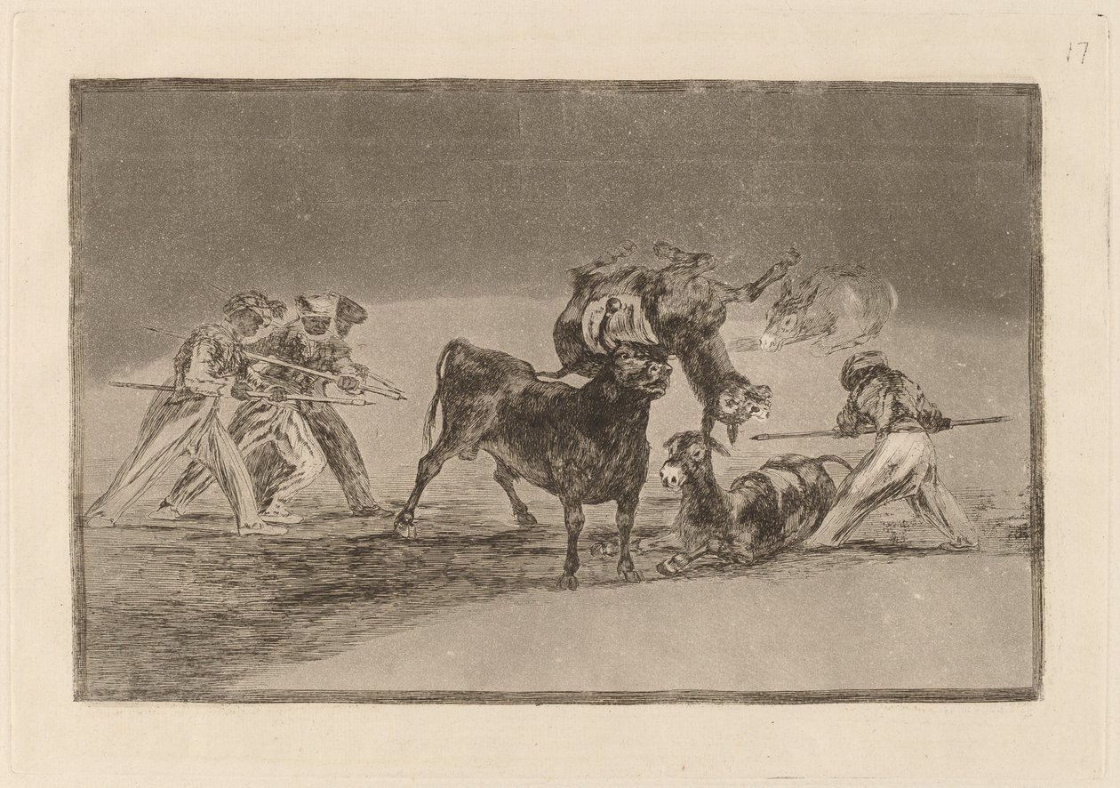 Palenque de los moros hecho con burros para defenseerse del toro embolado (Maurowie używają osłów jako bariery w obronie przed bykiem, którego rogi zostały przebite jajami) autorstwa Francisco de Goya