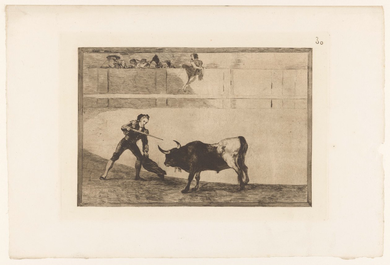 Pedro Romera Martínez dodt een stier Pedro Romero zabija stojącego byka Stierengevechten (tytuł serii) La Taureamachie (tytuł serii) Walka byków (tytuł serii) autorstwa Francisco de Goya