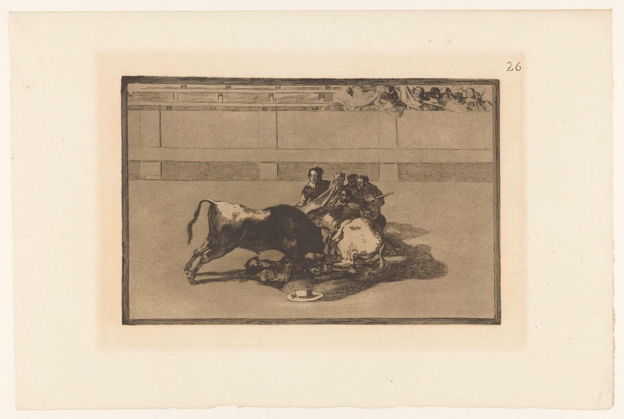 Picador spadł z konia Caida de un picador de su caballo debajo del toro Walki byków (tytuł serii) La Taureaumachie (tytuł serii) La Tauromaquia (tytuł serii) autorstwa Francisco de Goya