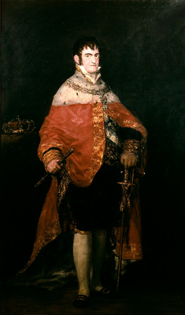 Portret króla Hiszpanii Ferdynanda VII (1784-1833) w płaszczu królewskim autorstwa Francisco de Goya