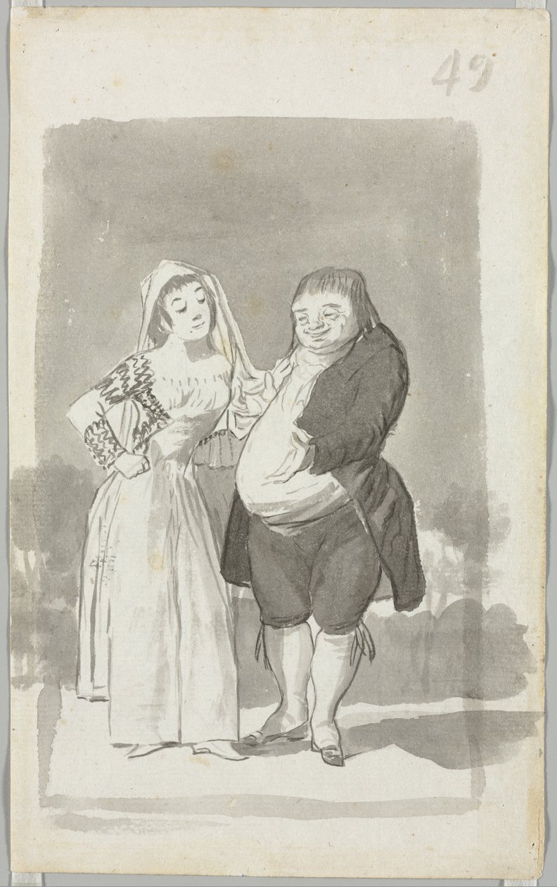 Prostytutka namawiająca grubego, brzydkiego mężczyznę (recto) autorstwa Francisco de Goya