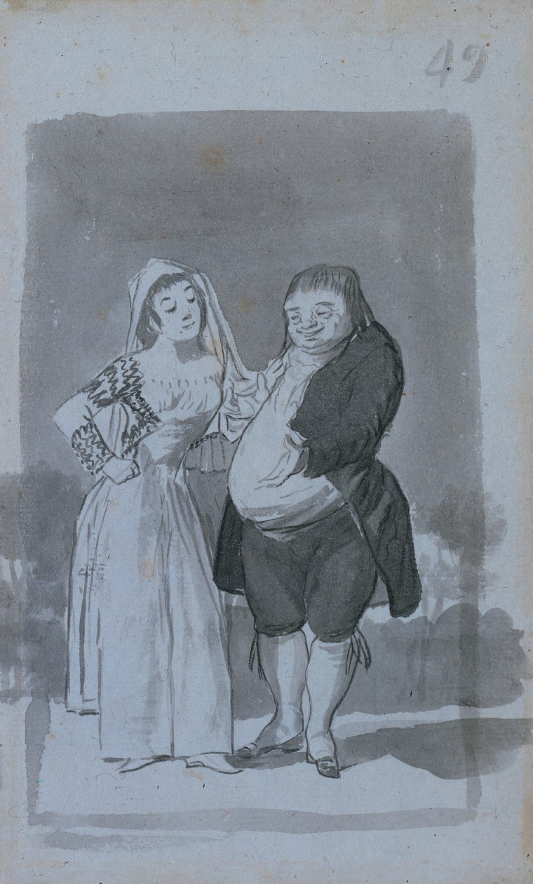 Prostytutka namawiająca grubego, brzydkiego mężczyznę prosto, 1796-97. autorstwa Francisco de Goya