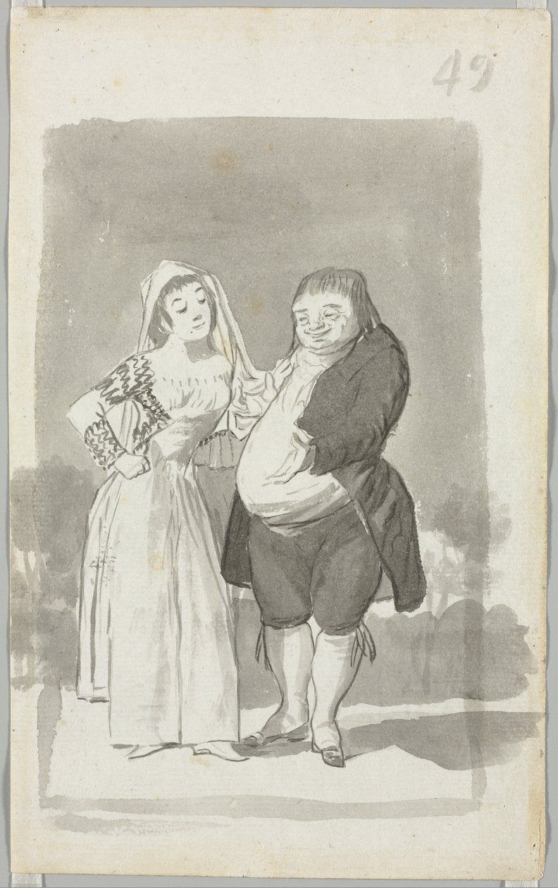Prostytutka namawiająca grubego, brzydkiego mężczyznę prosto, młoda kobieta załamująca ręce... verso, 1796-97. autorstwa Francisco de Goya