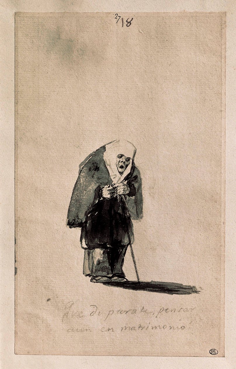 Que disparate, pensar aun en matrimonio (Co za bzdury, wciąż myśleć o małżeństwie), 1819-23 (Pędzel, tusz indyjski, wstępny rysunek z czarnym kamieniem, na papierze białym) autorstwa Francisco de Goya