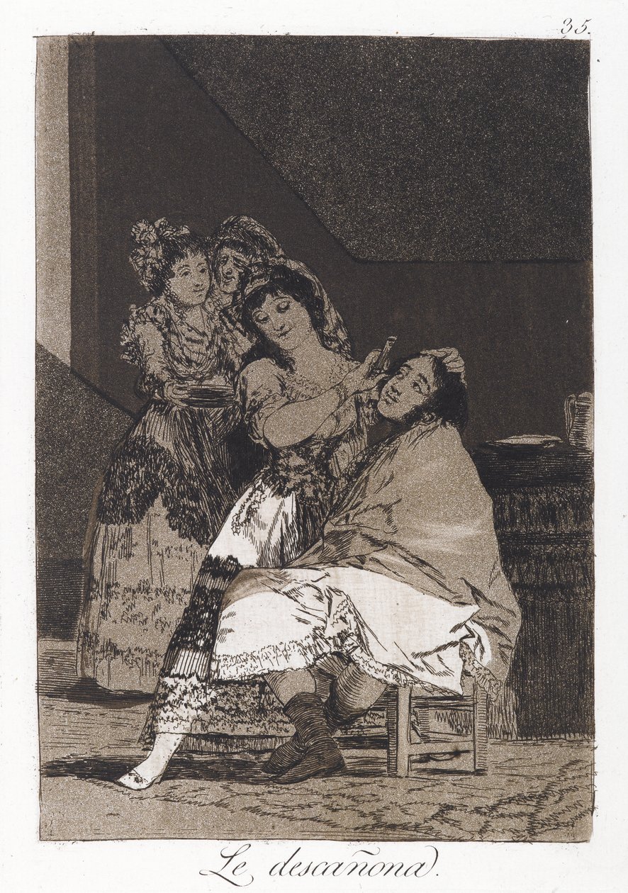 Okrywa go (Le descanona), płyta 35 Los Caprichos, ok. 1797-98 (akwaforta i akwatinta na papierze) autorstwa Francisco de Goya
