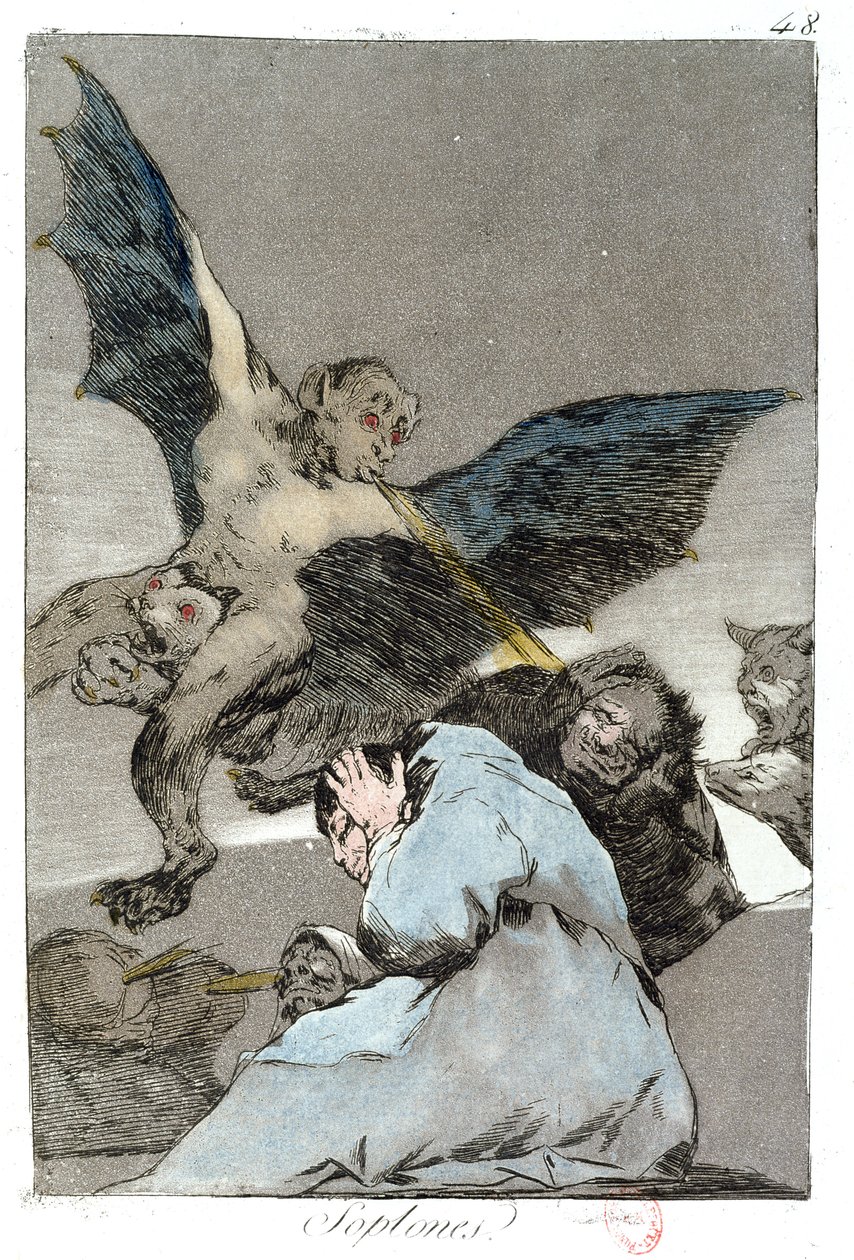 Soplones (Podmuchy wiatru), tablica 48 „Los Caprichos”, koniec XVIII wieku autorstwa Francisco de Goya