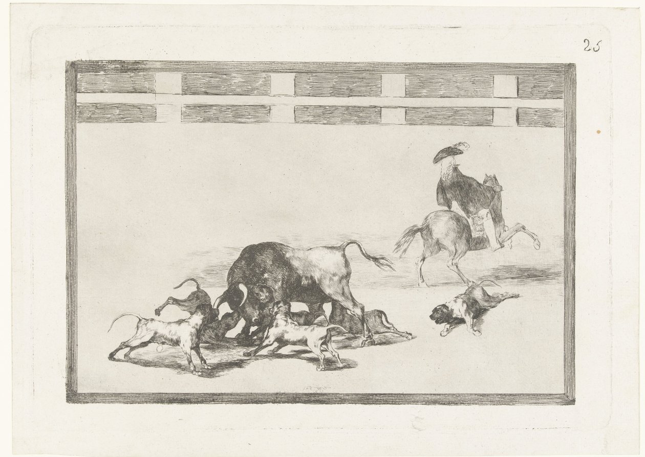 Byk zaatakowany przez psy Echan perros al toro La Tauromaquia (tytuł serii) Walka byków (tytuł serii) autorstwa Francisco de Goya