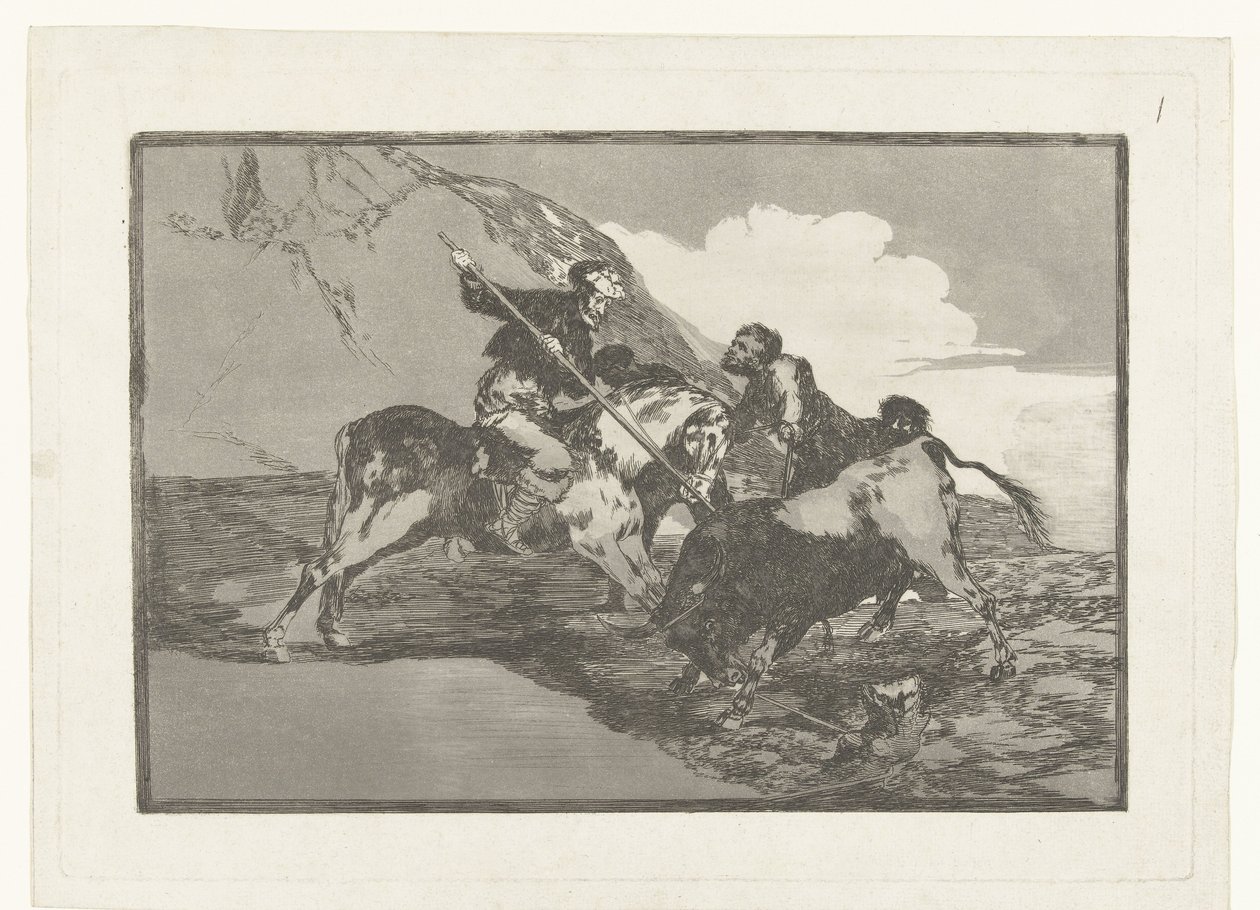 Stierenjacht te paard Jak starożytni Hiszpanie polowali na byki na koniach w polu Stierenvechten (tytuł serii) Walka byków (tytuł serii) autorstwa Francisco de Goya