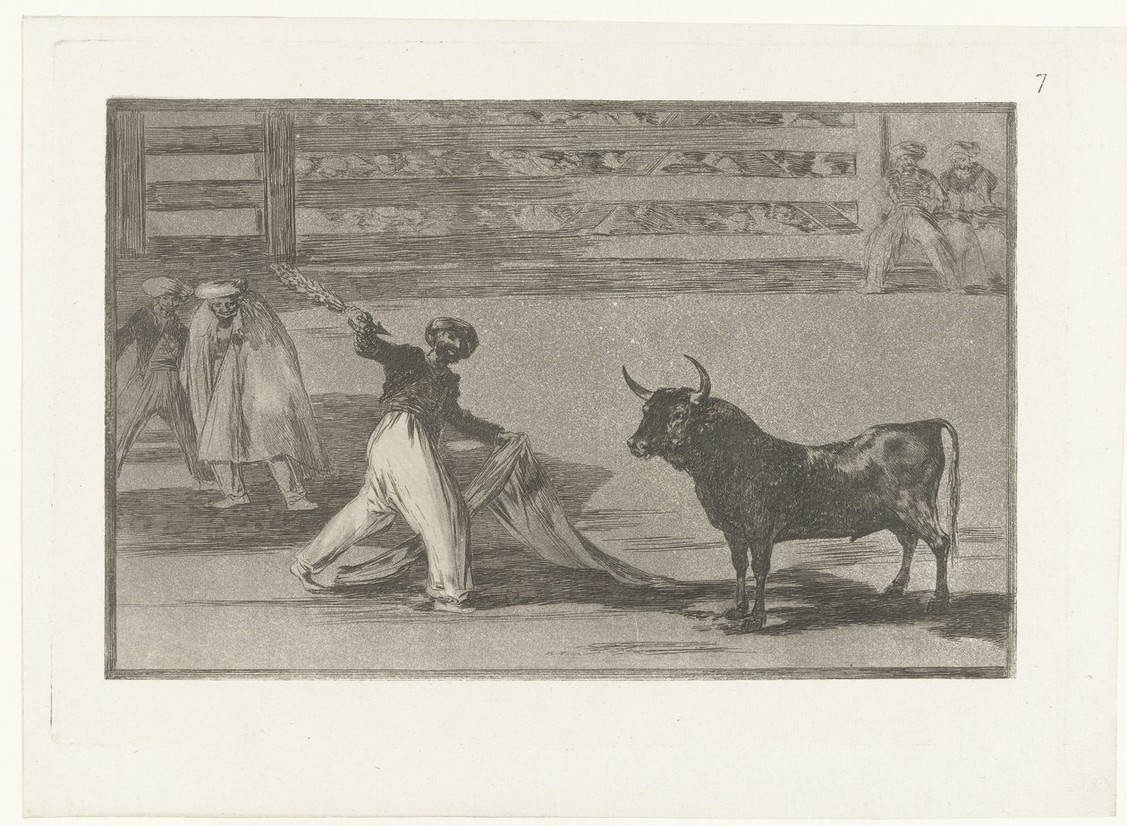 Stierenvechter spotkał się z banderillą Pochodzenie harpunów lub banderilli Stierenvechten (tytuł serii) Walka byków (tytuł serii) autorstwa Francisco de Goya