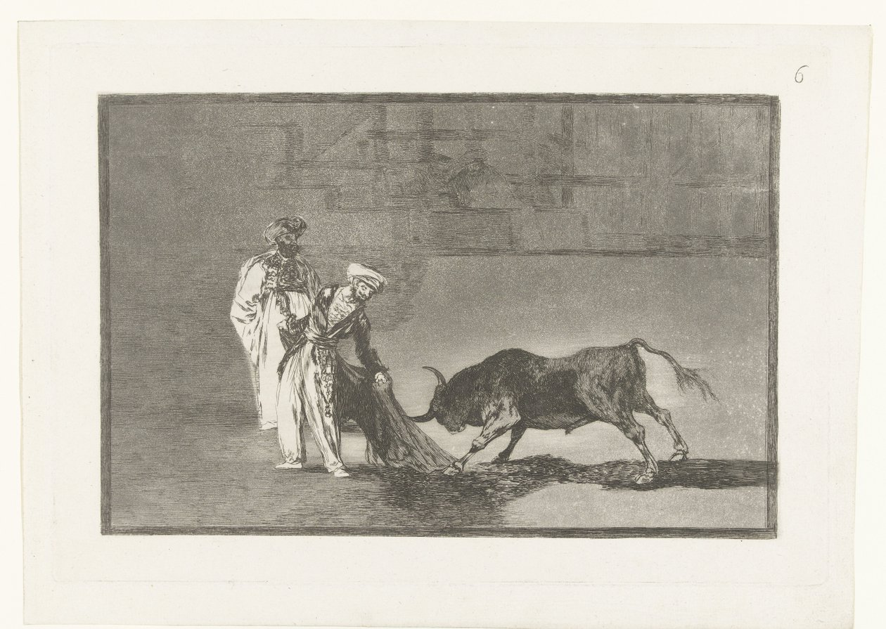 Stierenvechten w piasku Maurowie robią kolejną pelerynę na placu w szlafroku Stierenvechten (tytuł serii) Walka byków (tytuł serii) autorstwa Francisco de Goya