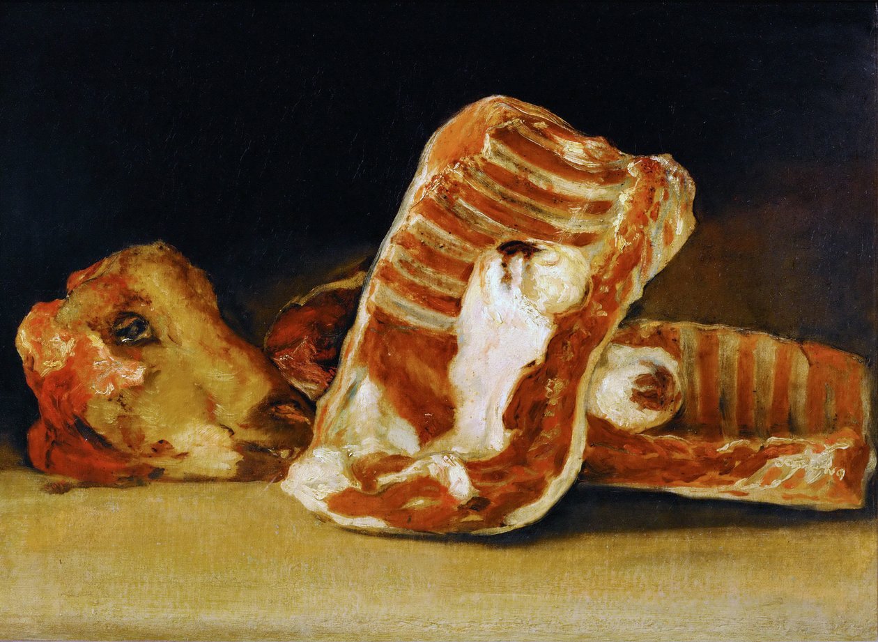 Martwa natura z Owcze Żeberka i Głowa Rzeźników lada autorstwa Francisco de Goya