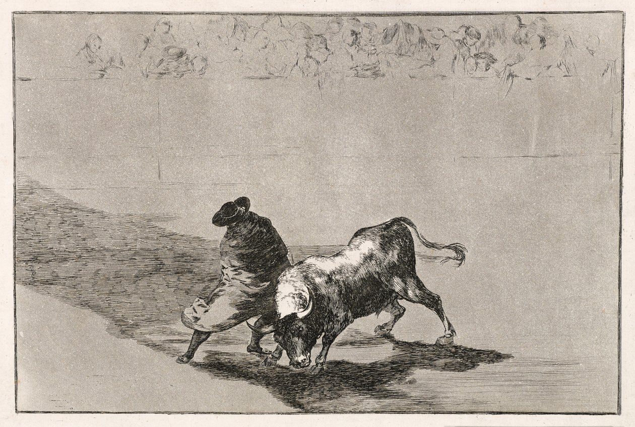 Sprytny uczeń Falcesa rozwściecza byka poruszając się owinięty płaszczem, 1814-16 autorstwa Francisco de Goya