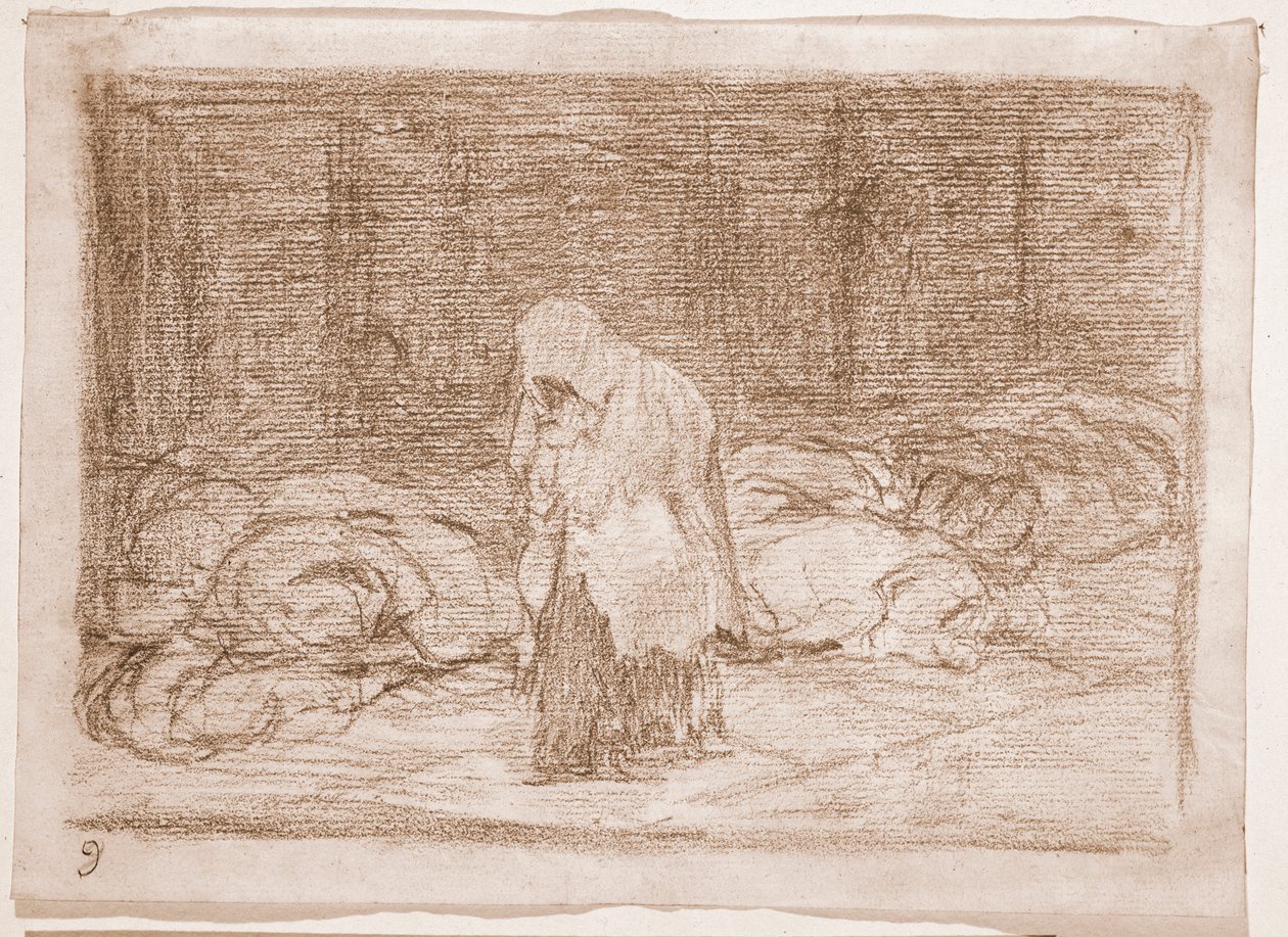 Katastrofy wojny: Łóżka kostnicy (rysunek przygotowawczy) autorstwa Francisco de Goya