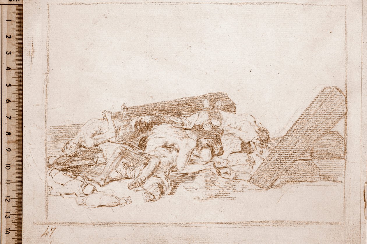 Katastrofy wojny: Świnka zmarłych (rysunek przygotowawczy) autorstwa Francisco de Goya