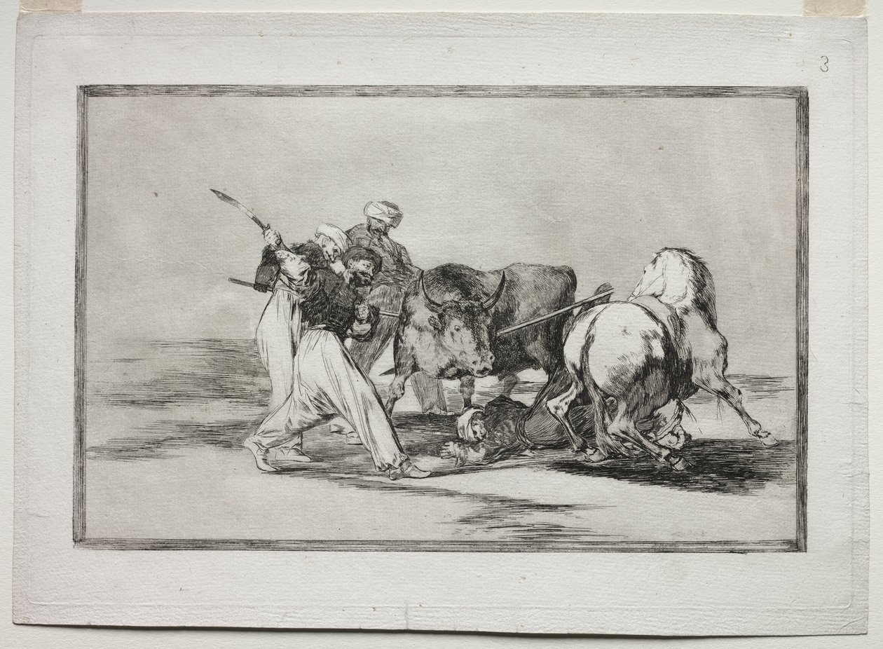 Maurowie osiedlili się w Hiszpanii, porzucili przesądy Koranu, przyjęli tę sztukę polowania i włóczyli byka na otwartej przestrzeni autorstwa Francisco de Goya