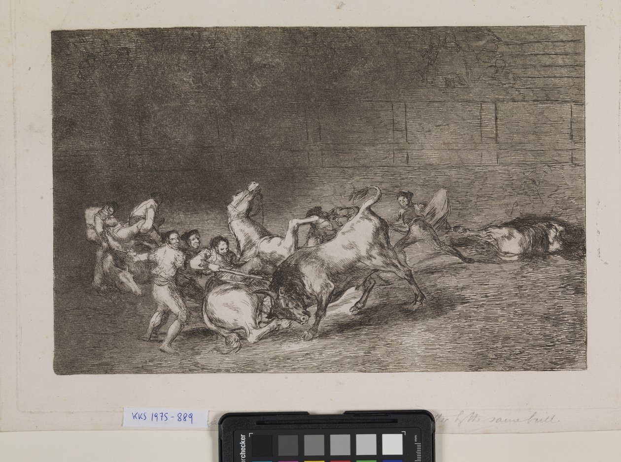 Dwie drużyny pikadorów są jeden po drugim przewracane przez jednego byka autorstwa Francisco de Goya