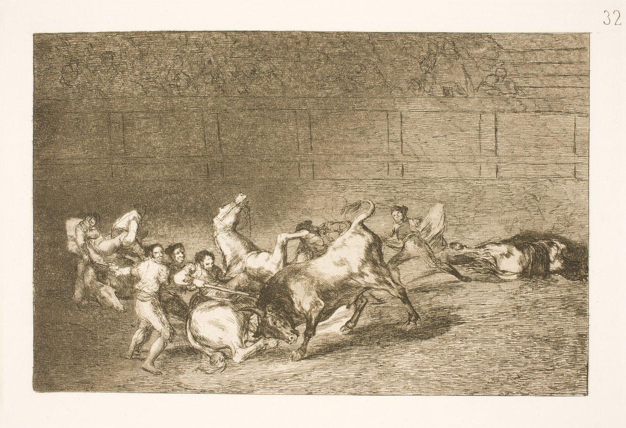 Dwie drużyny pikadorów są jeden po drugim przewracane przez jednego byka autorstwa Francisco de Goya