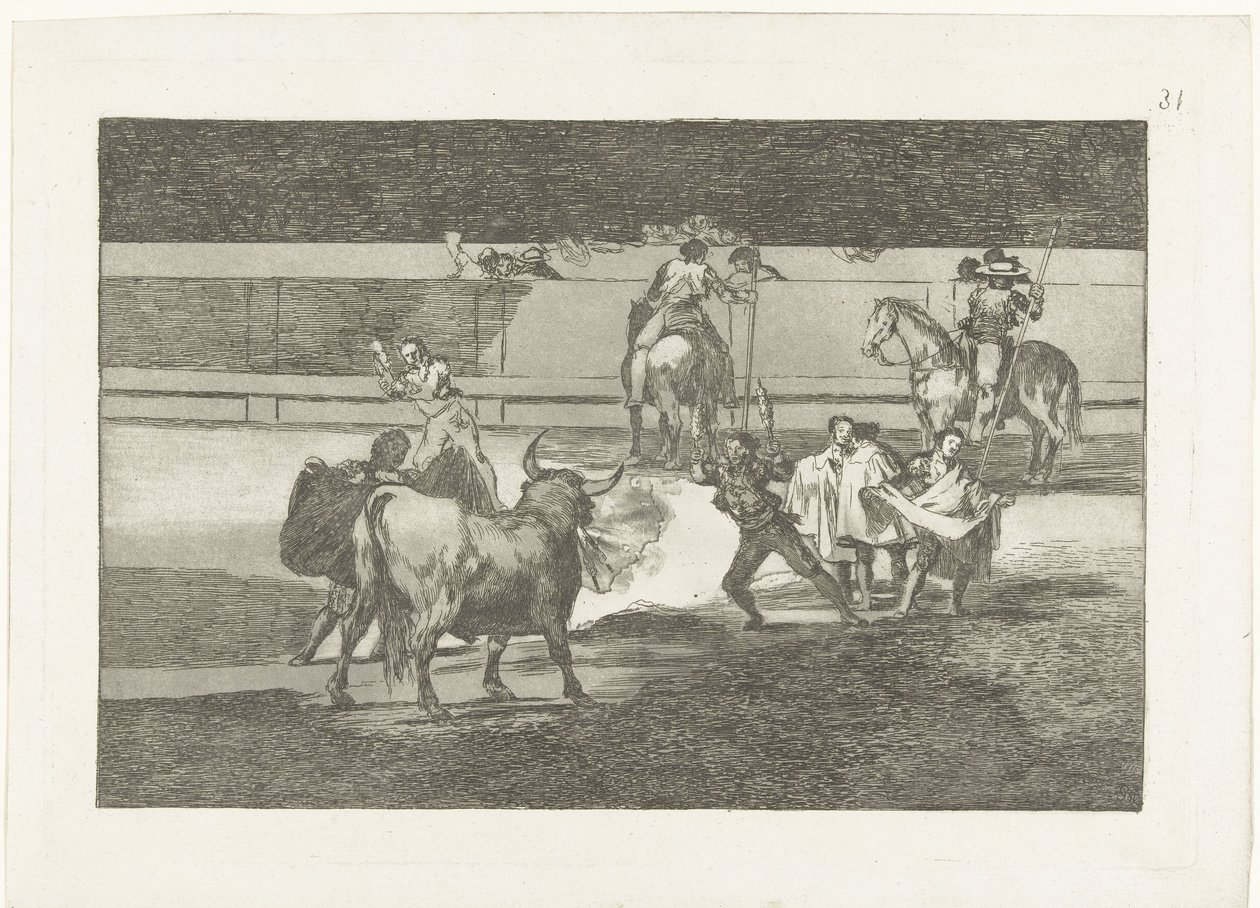 Torreador spotkał brandende banderillas zespoły ognia Walka byków (tytuł serii) Stierenvechten (tytuł serii) autorstwa Francisco de Goya
