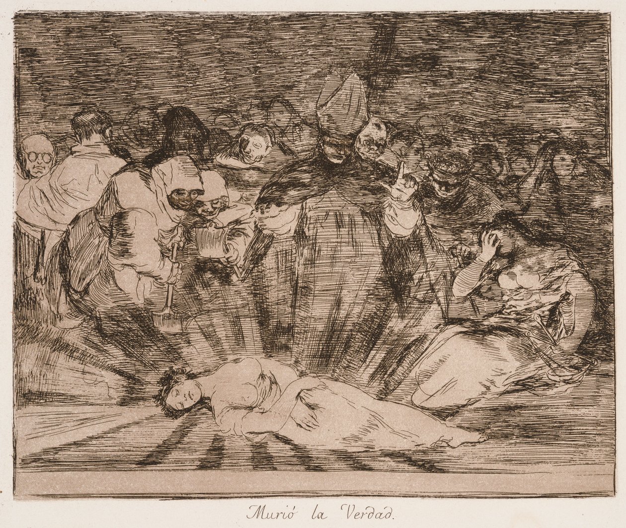„Truth has Died” (Prawda umarła) z serii „Los desastres de la guerra” autorstwa Francisco de Goya