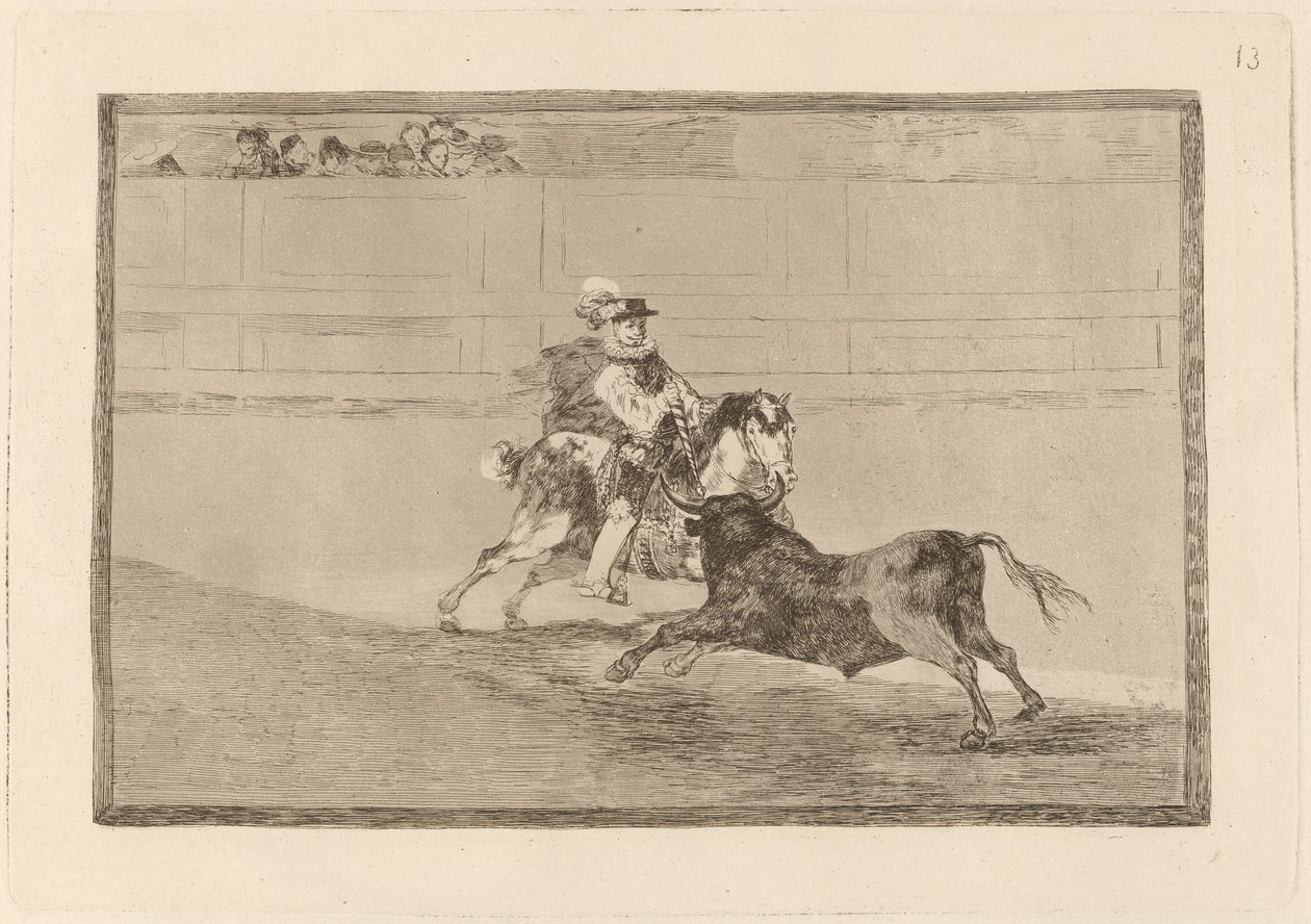 Un caballero espanol en plaza quebrando rejoncillos sin auxilio de los chulos (hiszpański rycerz na ringu łamiący krótkie włócznie bez pomocy asystentów) autorstwa Francisco de Goya