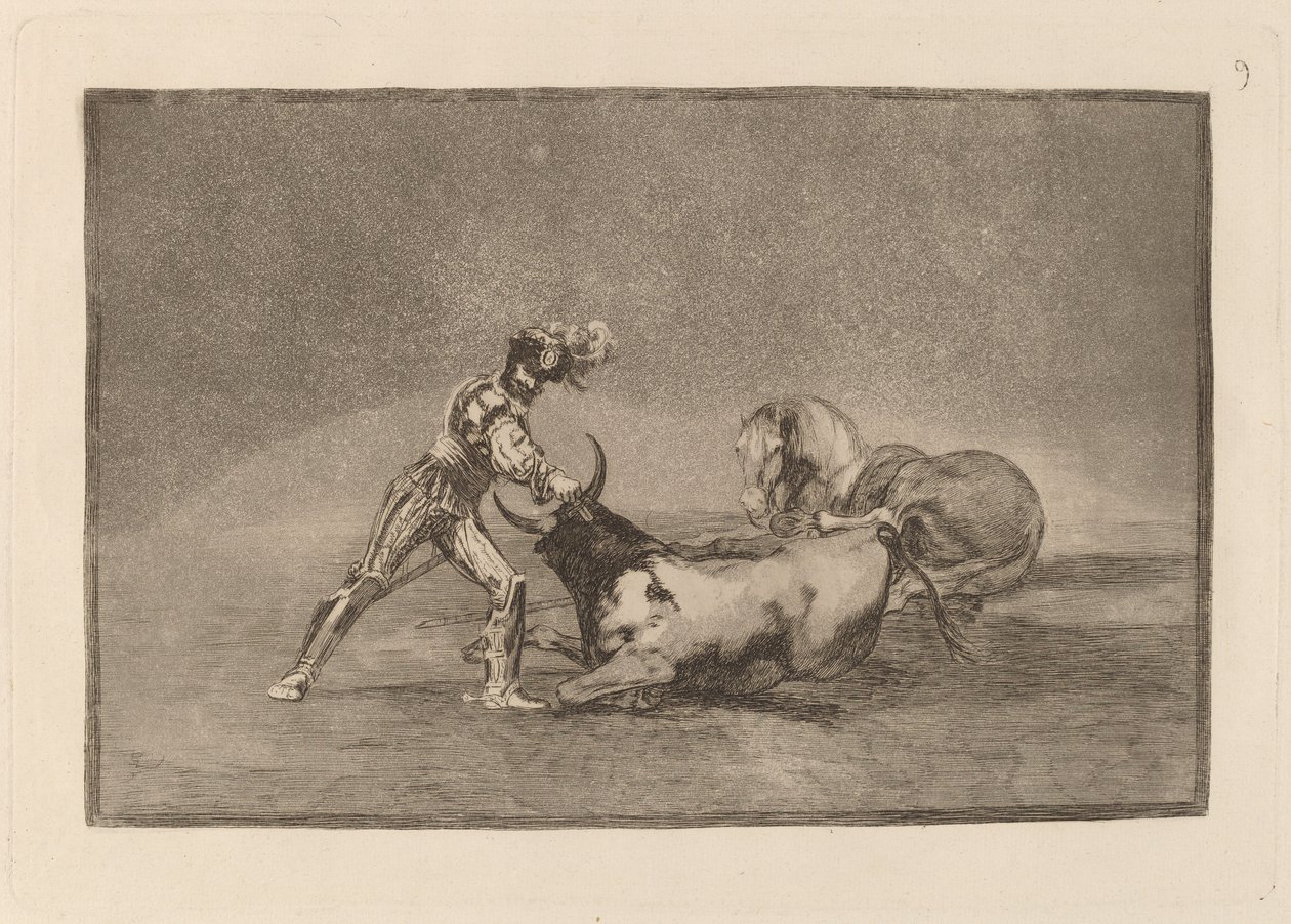 Hiszpański rycerz zabija byka po zgubieniu konia autorstwa Francisco de Goya