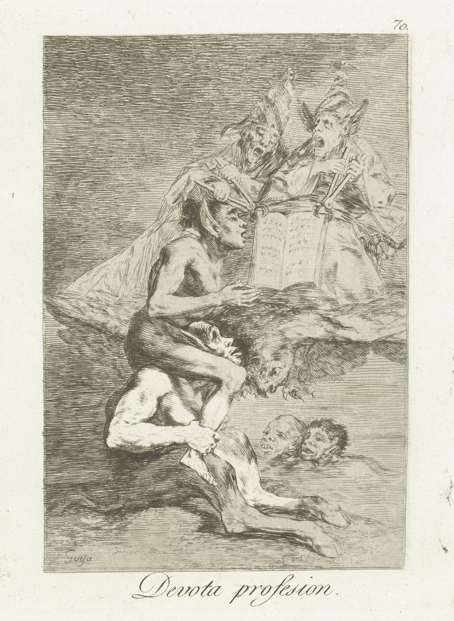pobożna spowiedź Zawód Devota (tytuł na obiekcie) Los Caprichos (tytuł serii) autorstwa Francisco de Goya