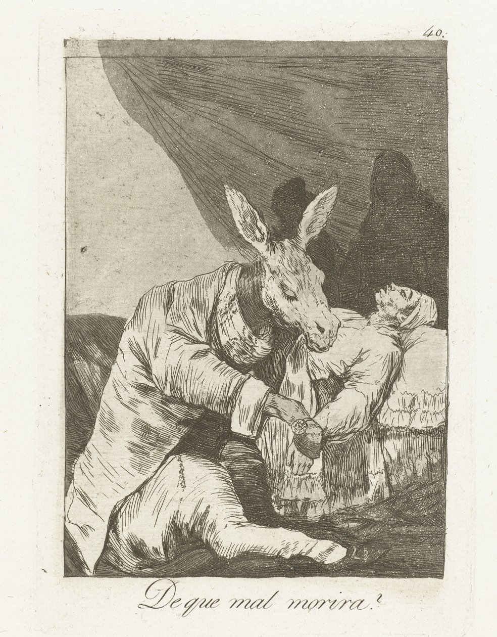 Na co umrze? Que mal morira? (tytuł na obiekcie) Los Caprichos (tytuł serii) autorstwa Francisco de Goya
