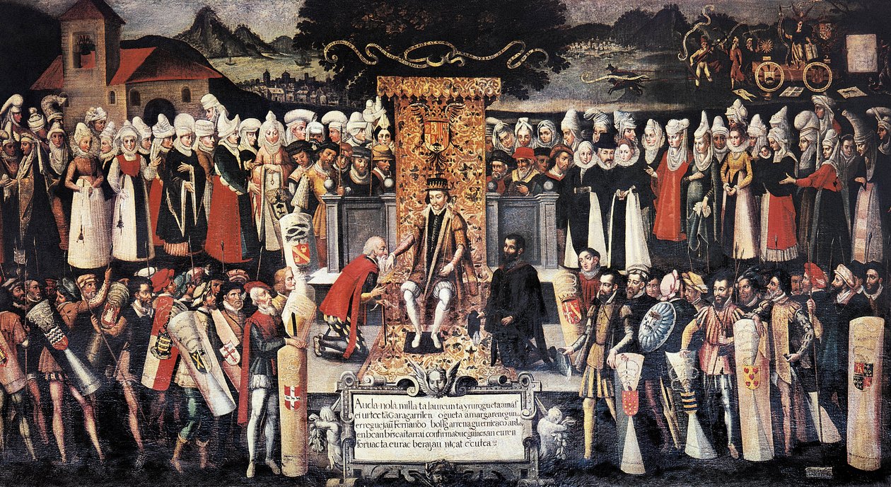 Ceremonia pocałunków w dłonie (pocałunki w dłonie) po ogłoszeniu przywilejów przez króla Ferdynanda Katolika (1452-1516). Obraz Francisco de mendieta Y Retesa (XVI wiek). Hiszpania, Guernica. Dom Juntas. autorstwa Francisco de Mendieta y Retes