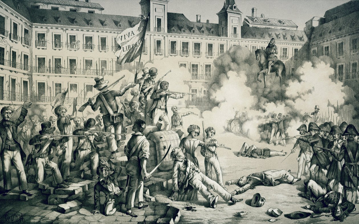 Rewolucja hiszpańska 1854 r. (litografia) autorstwa Francisco de Paula van Halen
