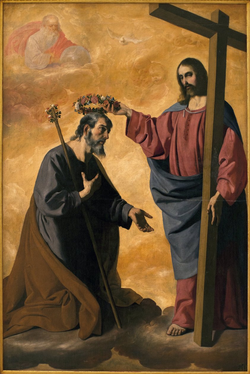 Chrystus ukoronuje świętego Józefa. Obraz Francisco de Zurbarana (1598-1664), olej na płótnie, ok. 1640. Muzeum Sztuk Pięknych w Sewilli, Hiszpania. autorstwa Francisco de Zurbaran