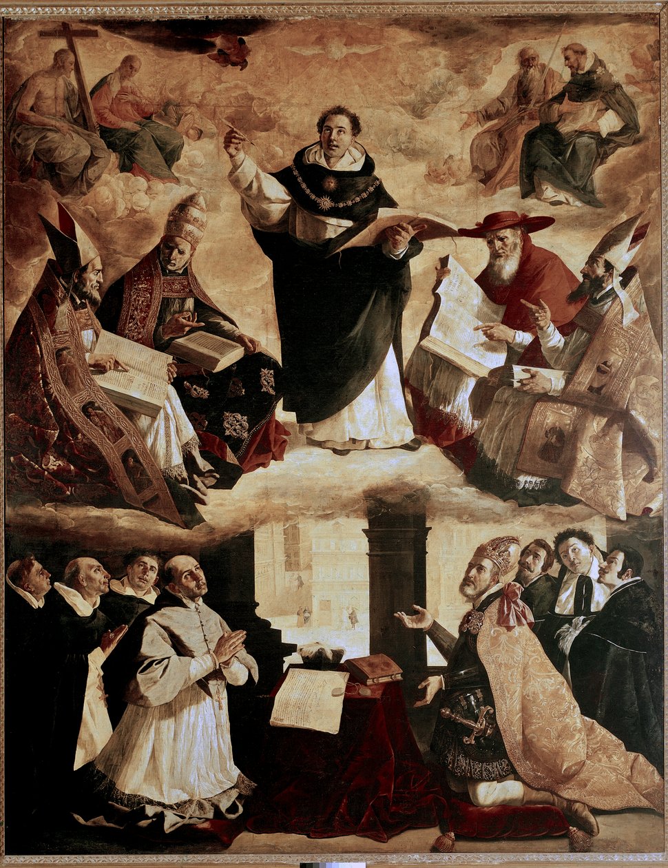 Obrazy dla Mayor de Santo Tomas College w Sewilli: apoteoza św. Tomasza z Akwinu czy apoteoza św. Tomasza z Akwinu z lekarzami kościoła autorstwa Francisco de Zurbaran