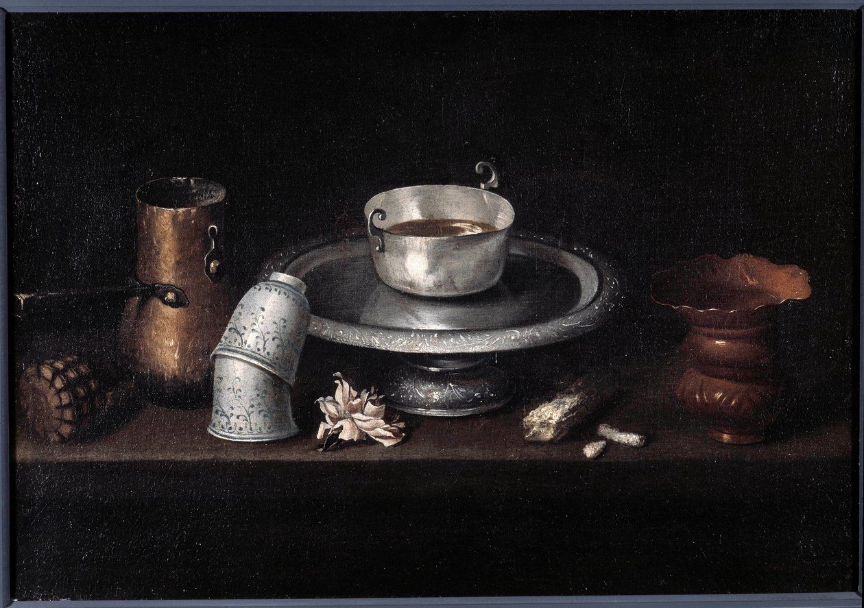 Martwa natura czekoladowe śniadanie z filiżanką czekolady, filiżankami. Obraz Francisco de Zurbarana (1598-1664). Besancon z XVII wieku, Muzeum Sztuk Pięknych autorstwa Francisco de Zurbaran