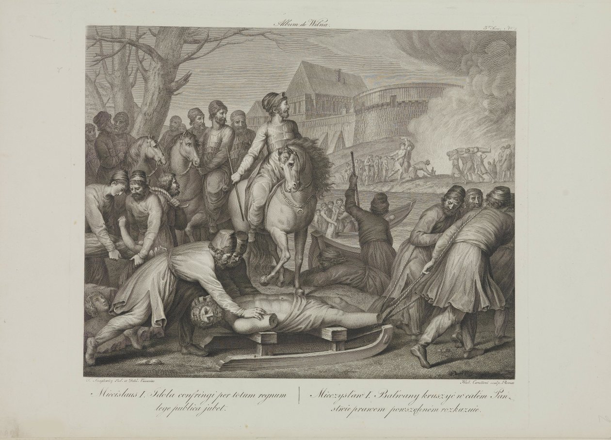 Zniszczenie pogańskich bogów przez Mieszka I Polski przez Smuglewicza, Franciszka (1745-1807). Litografia, koniec XVIII w. Kolekcja prywatna autorstwa Franciszek Smuglewicz