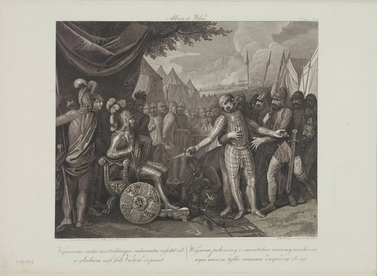 Wichmann II Młodszy poddaje się Mieszka I Polski przez Smuglewicza Franciszka (1745-1807). Litografia, koniec XVIII w. Kolekcja prywatna autorstwa Franciszek Smuglewicz