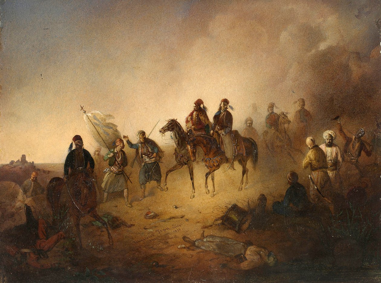 Markos Botzaris (Botsaris) (wers 1788-1823) w bitwie pod Karpenisi, w nocy 8 sierpnia autorstwa Franciszek Tomasz Tepa