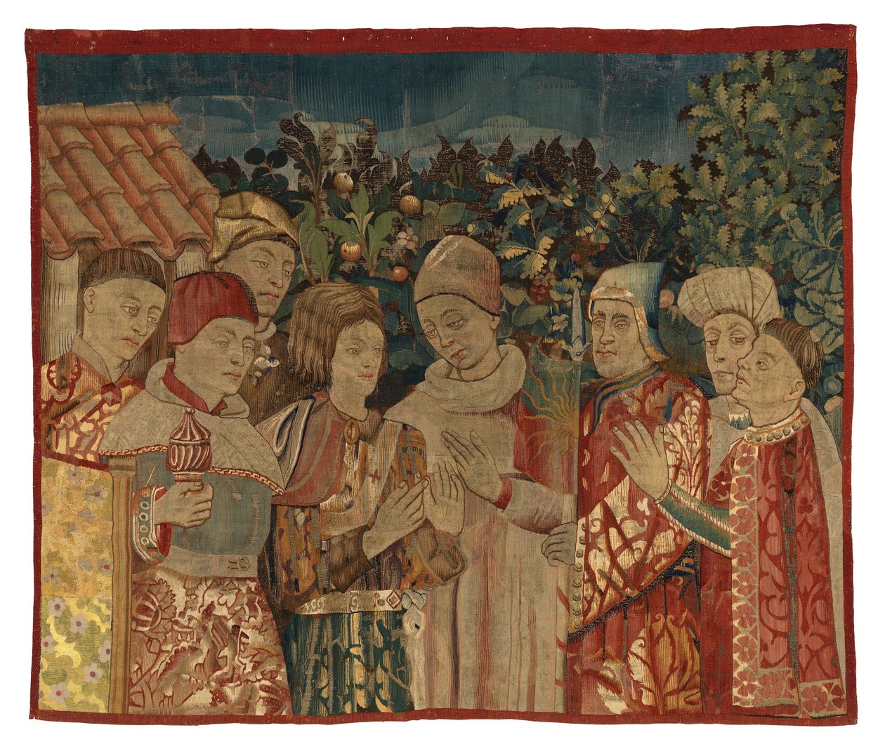Niezidentyfikowany fragment gobelinu z ośmioma postaciami, prawdopodobnie Spór, 2. poł. XV w. (wełna) autorstwa Franco Flemish School