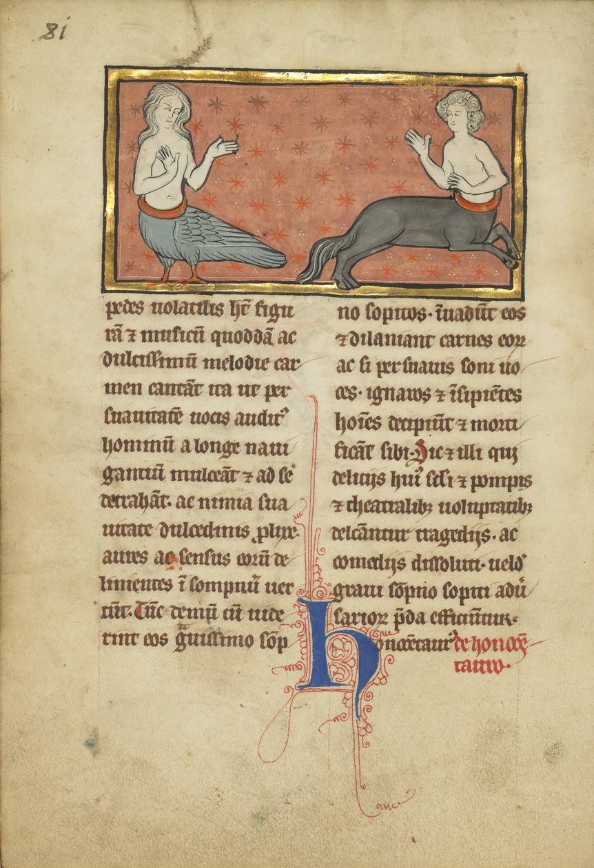 Syrena i Centaur z bestiariusza Pani Ludwig XV 4, fol. 81v, c.1280-1300 (tempera, pióro i atrament, płatek złota i farba na pergaminie) autorstwa Franco Flemish School
