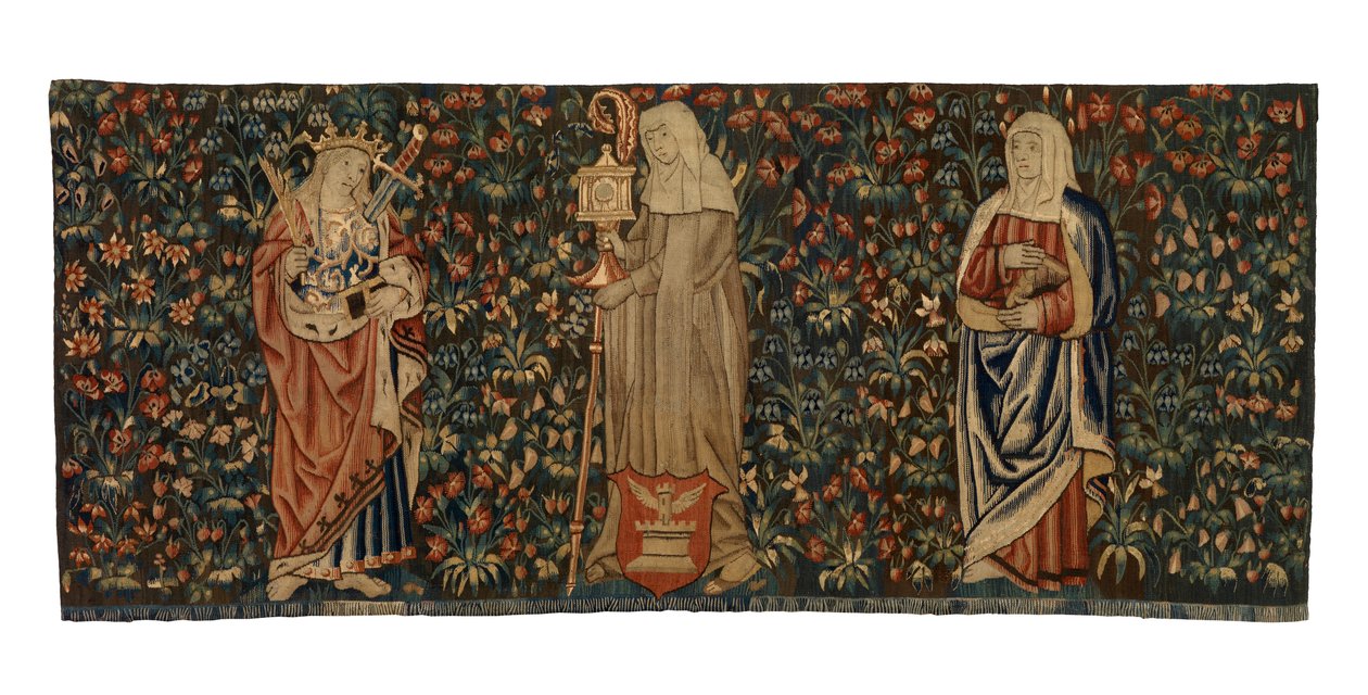 Gobelin Mille fleurs, przód ołtarza, przedstawiający trzech świętych: św. Annę, św. Klarę i św. Eufemię, wykonany ok. 1500 r., francuski lub flamandzki (wełna) autorstwa Franco Flemish School