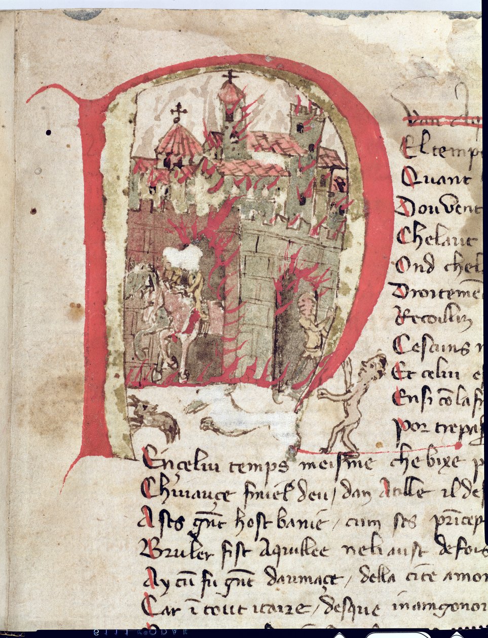 Ms Est 27 W 8.17 f.1r Historyczny inicjał przedstawiający Attylę Huna (ok.406-453) palący miasto Aquila z Wojny Attyli autorstwa Nicola da Casola autorstwa Franco Italian School