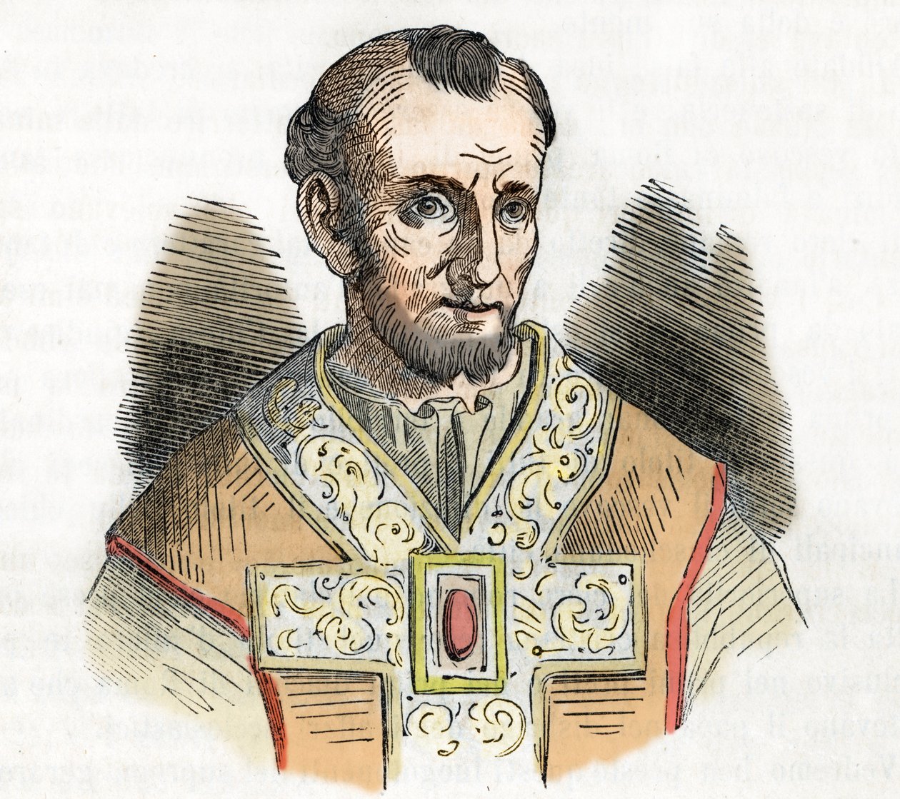 Średniowiecze: przedstawienie papieża Mikołaja I Wielkiego (Nicola I, Nicholas lub Nicolo lub Niccolo lub Nicolaus) (858-867) rysunek z „I misteri del vaticano” Franco Mistrali 1843 autorstwa Franco Mistrali