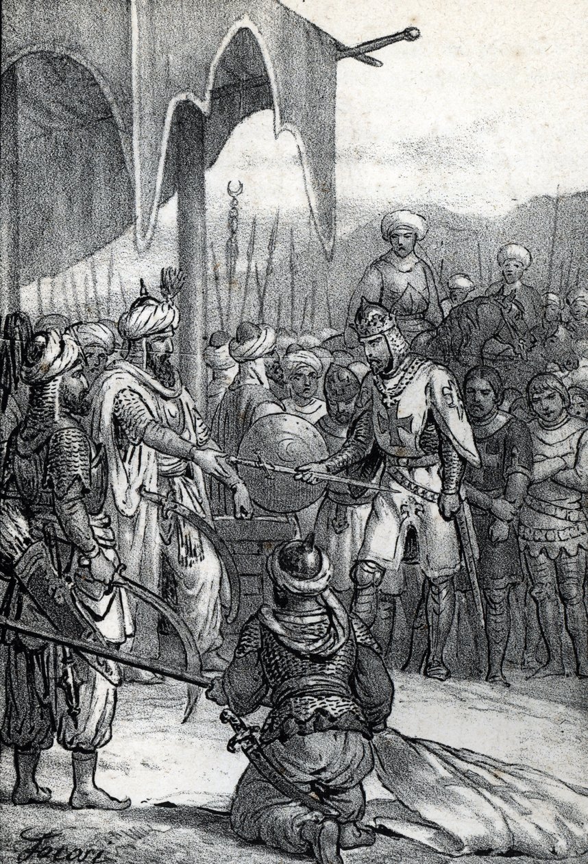 Siódma krucjata: król Ludwik IX został wzięty do niewoli w bitwie pod Fariskur 6 kwietnia 1250 r. (Siódma krucjata: król Ludwik IX jeniec w bitwie pod Fariskur, 6 kwietnia 1250 r.) Rysunek z „Misteri del Watykan” Franco Mistrali autorstwa Franco Mistrali