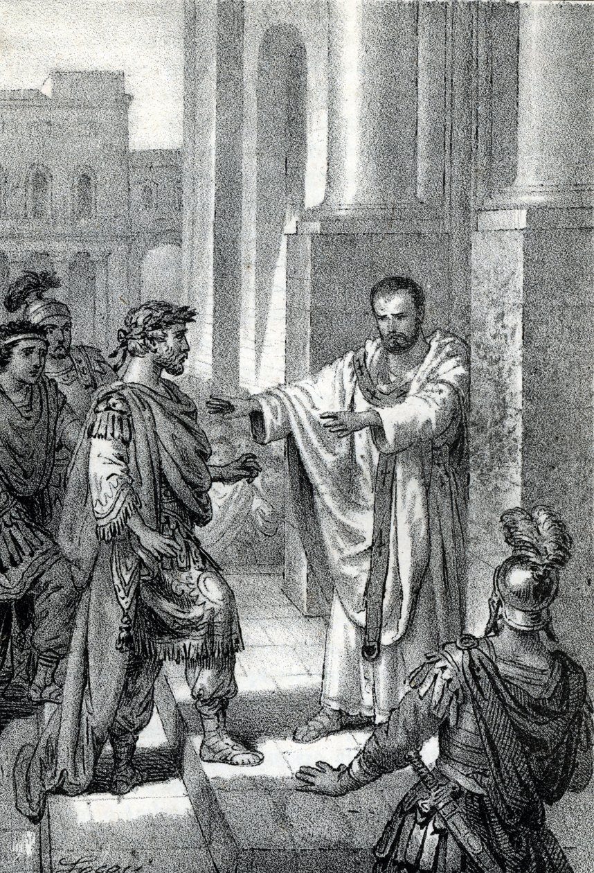 Arcybiskup św. Ambroży z Mediolanu (Aureliusz Ambrosius, Ambrogio di Milano (340-397) zakazał wstępu do kościoła rzymskiemu cesarzowi Teodozjuszowi I (Flawiuszowi Teodozjuszowi) (347-395), aby ukarać go za masakrę w Tesalonice w 390 r. - ekskomunika autorstwa Franco Mistrali