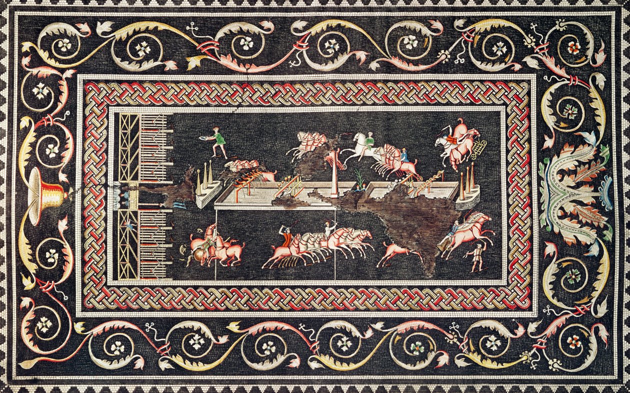 Przedstawienie mozaiki odkrytej w Lyonie, przedstawiającej zabawy cyrkowe, 1806 r. autorstwa Francois Artaud