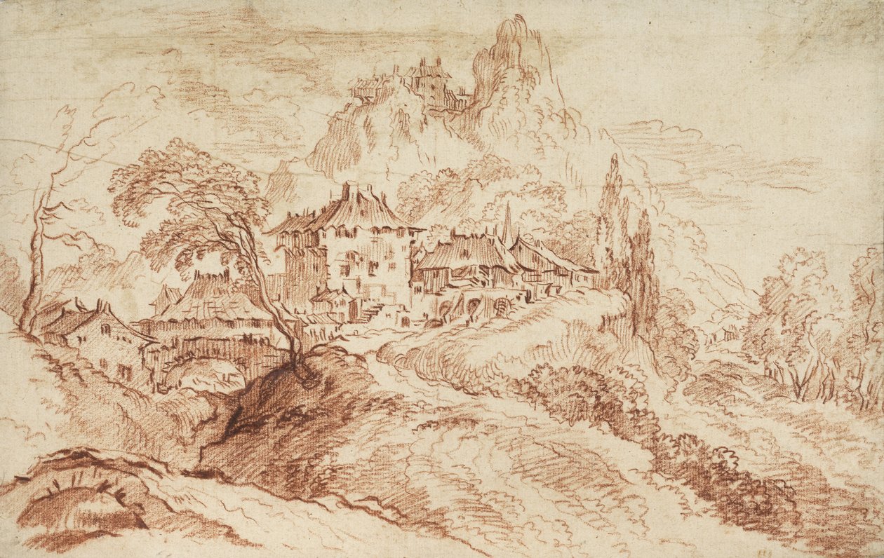 Włoska wieś w górzystym krajobrazie (czerwona kreda na papierze) autorstwa François Boucher