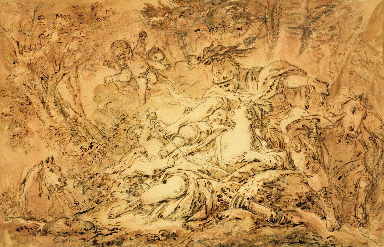 Rinaldo i Armida (pióro, brązowy tusz, brązowy i różowy wash, czarna kreda na papierze) autorstwa François Boucher