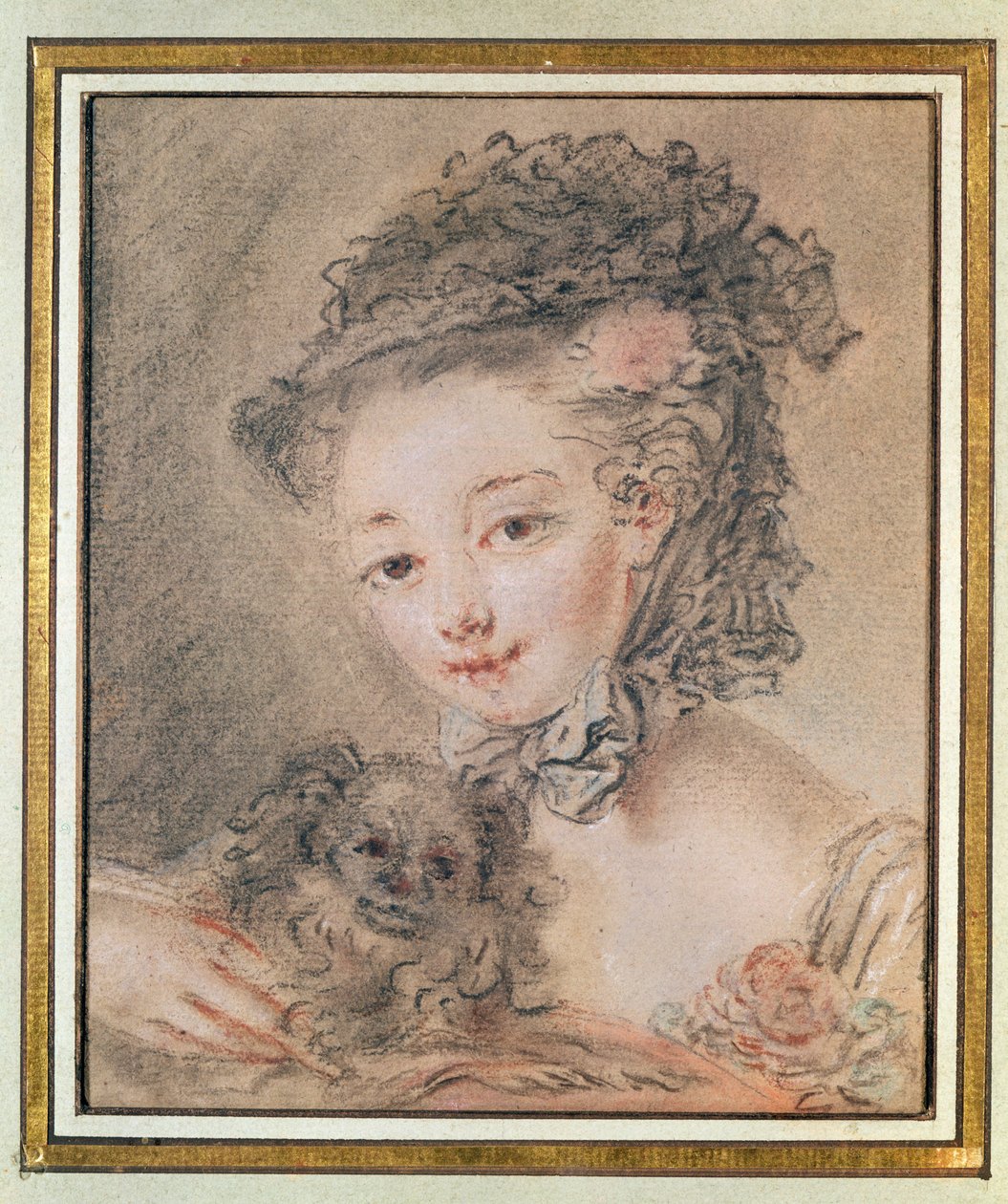 Młoda dziewczyna z małym psem (węgiel i czerwona kreda na papierze) autorstwa François Boucher