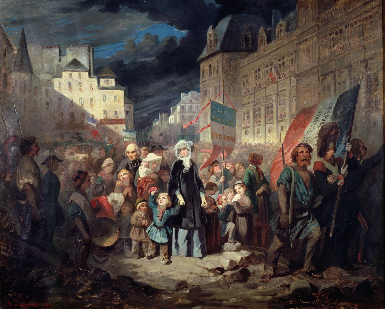 Madame Lamartine adoptująca dzieci patriotów zabitych na barykadach w Paryżu podczas rewolucji 1848, 1848 autorstwa Francois Claudius Compte Calix