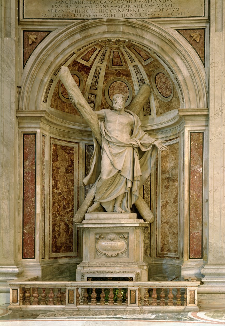 Posąg św. Andrzeja u podstawy czterech filarów podtrzymujących kopułę, 1629-40 autorstwa Francois Duquesnoy