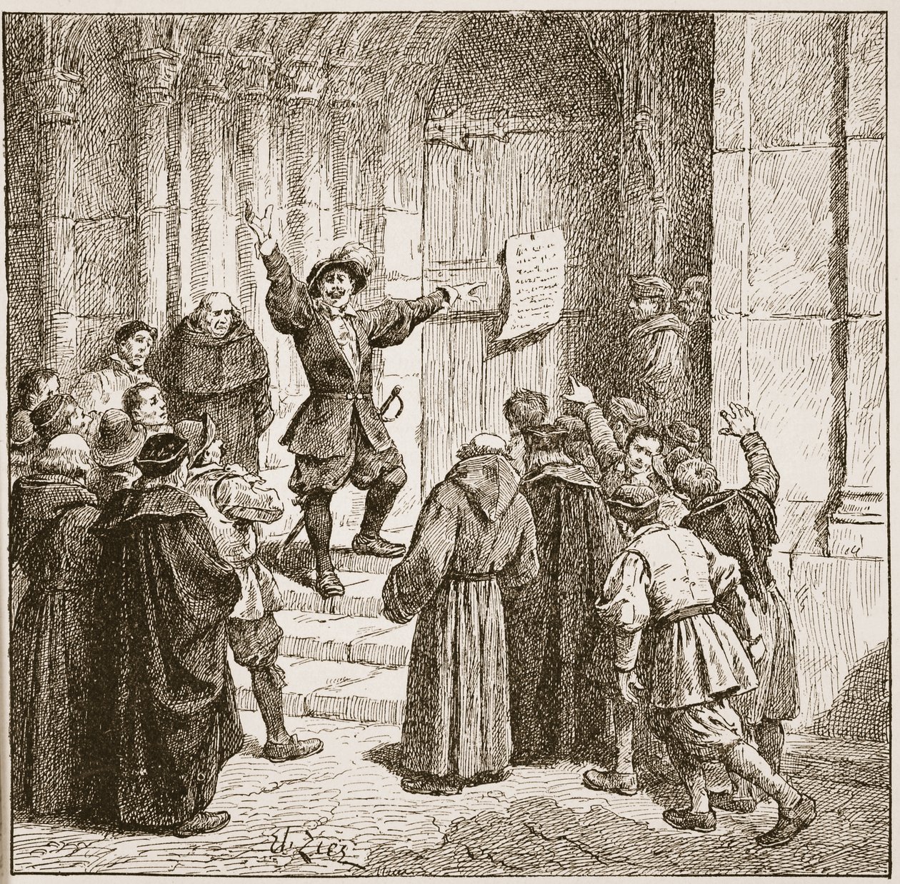 Aske umieszcza swoją proklamację na drzwiach katedry w Yorku, ilustracja z „Kościoła anglikańskiego: historia dla ludu” autorstwa H.D.M. Spence-Jones, wyd. ok. 1910 (zdjęcie w sepii) autorstwa Francois Edouard Zier