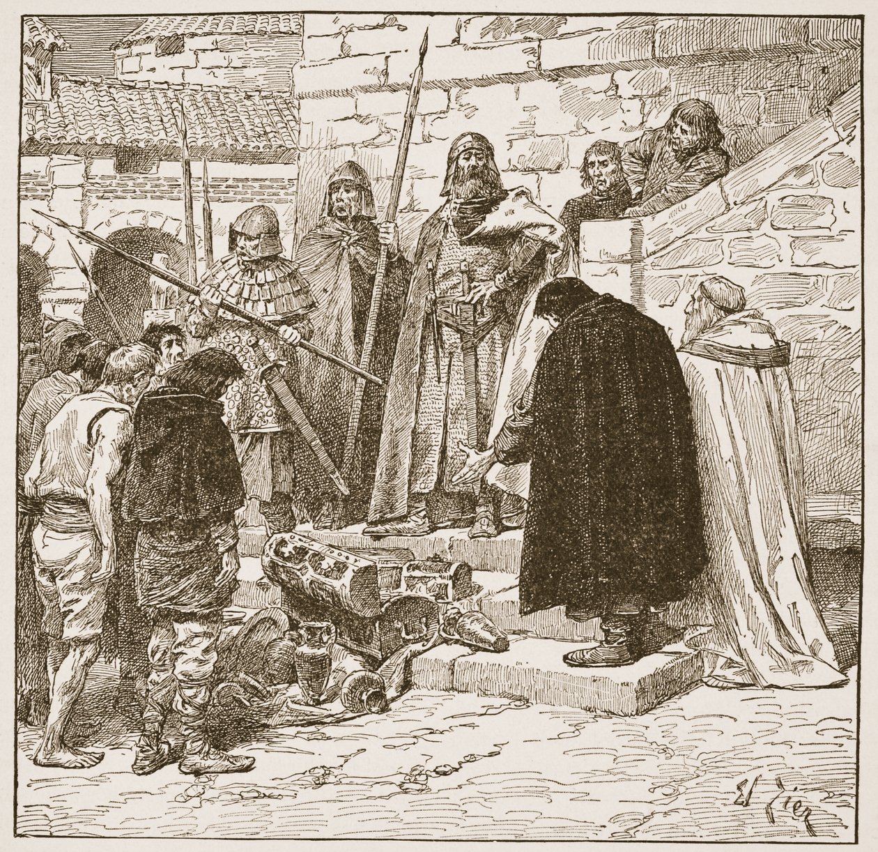 Zbieranie Dane-gelta, ilustracja z „Kościoła anglikańskiego: historia dla ludu” autorstwa H.D.M. Spence-Jones, wyd. ok. 1910 (zdjęcie w sepii) autorstwa Francois Edouard Zier